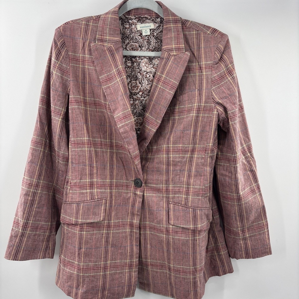 Sundance Jacket‎ Womens M Rose Plaid Blazer Preppy Linen Blend Long Academia